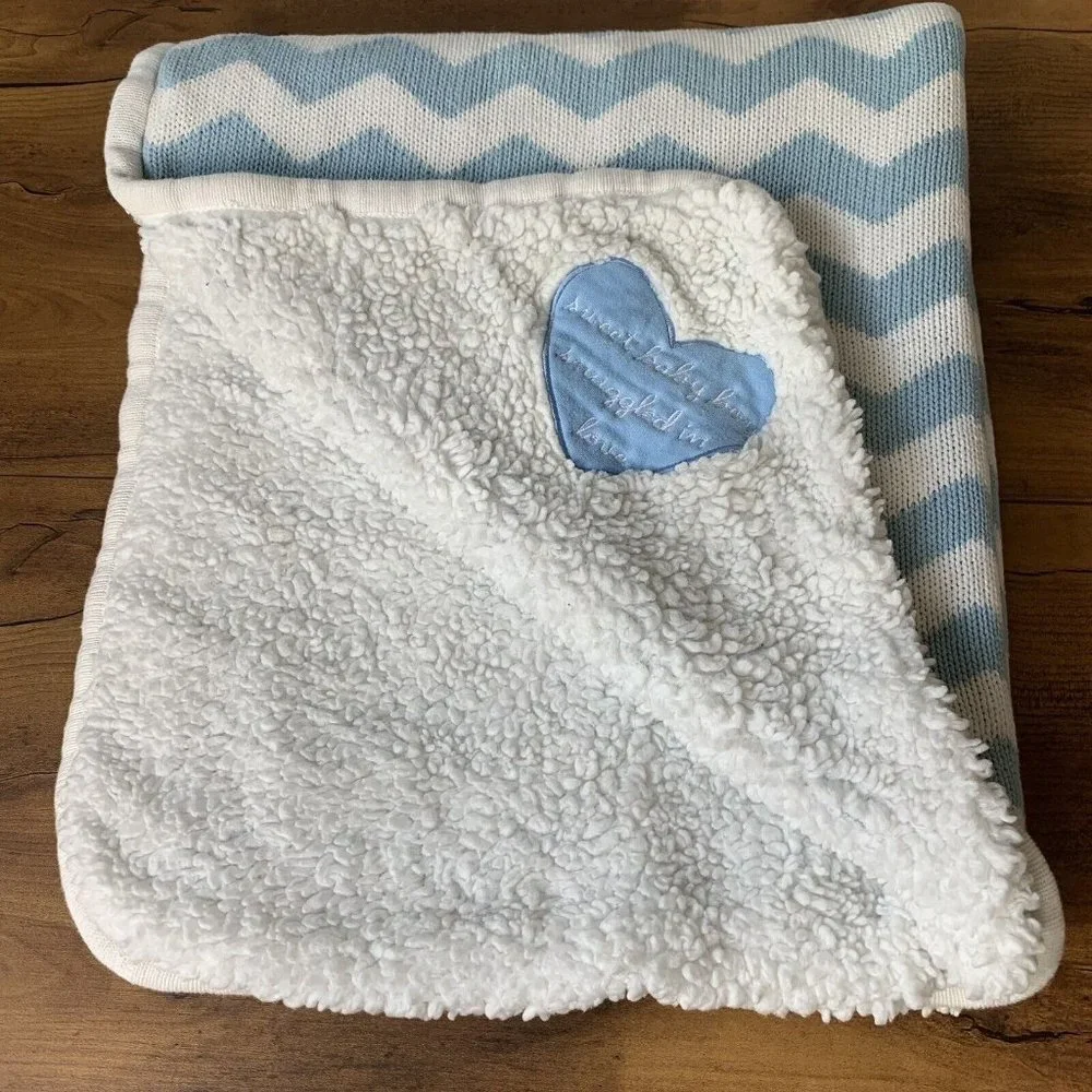 Hallmark Sweet Baby Boy Snuggled In Love‎ Baby Blanket Blue White Chevron Heart